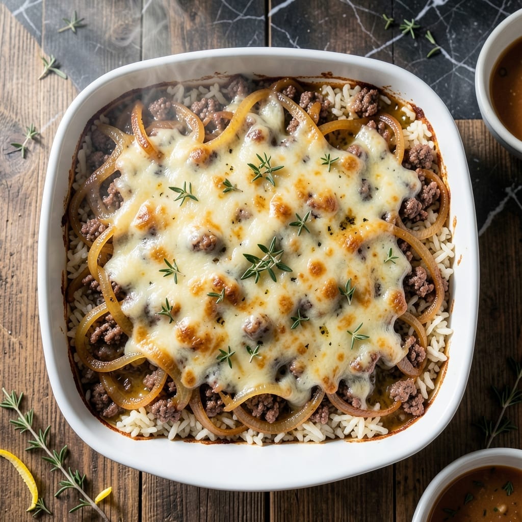 French Onion Beef and Rice Casserole Recipe: Oven-Baked Comfort with Deep Umami Richness