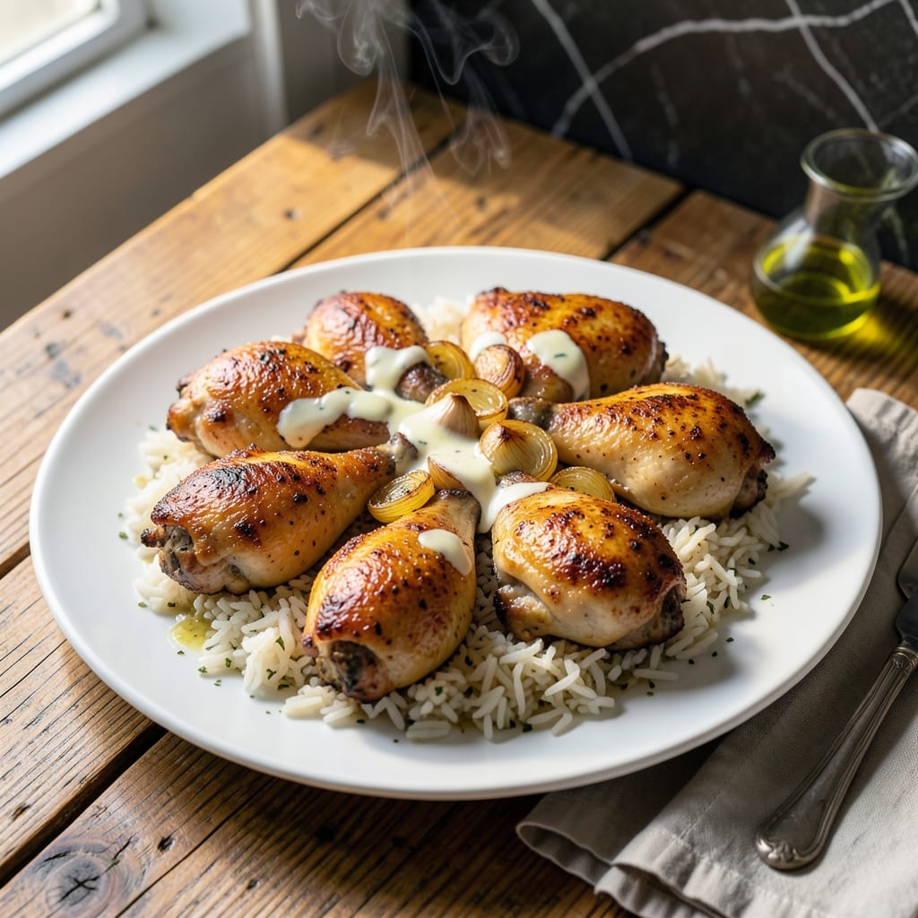 Oven Baked Chicken Thighs and Rice Recipe: Crispy Skin Over Fluffy Grains
