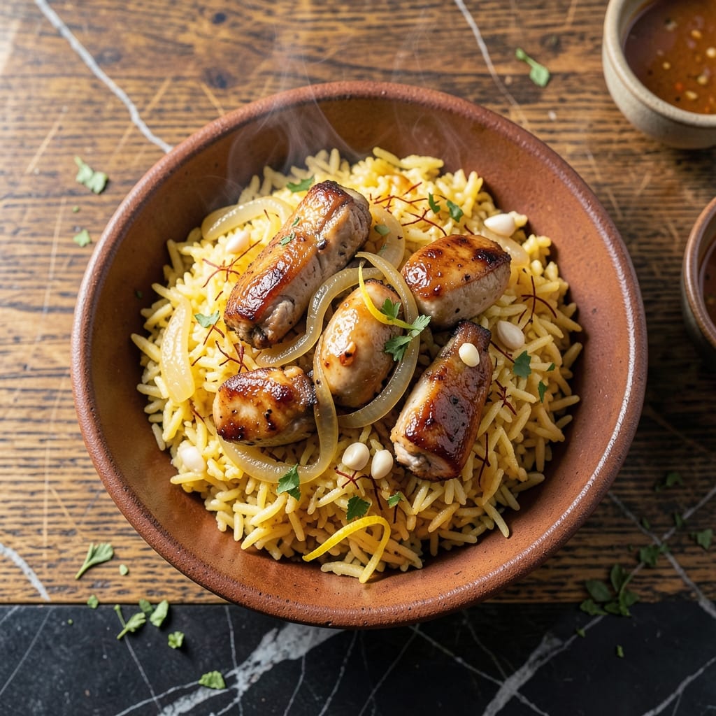 Chicken Gizzards and Yellow Rice Recipe: Wok-Seared Bites Over Saffron Grains
