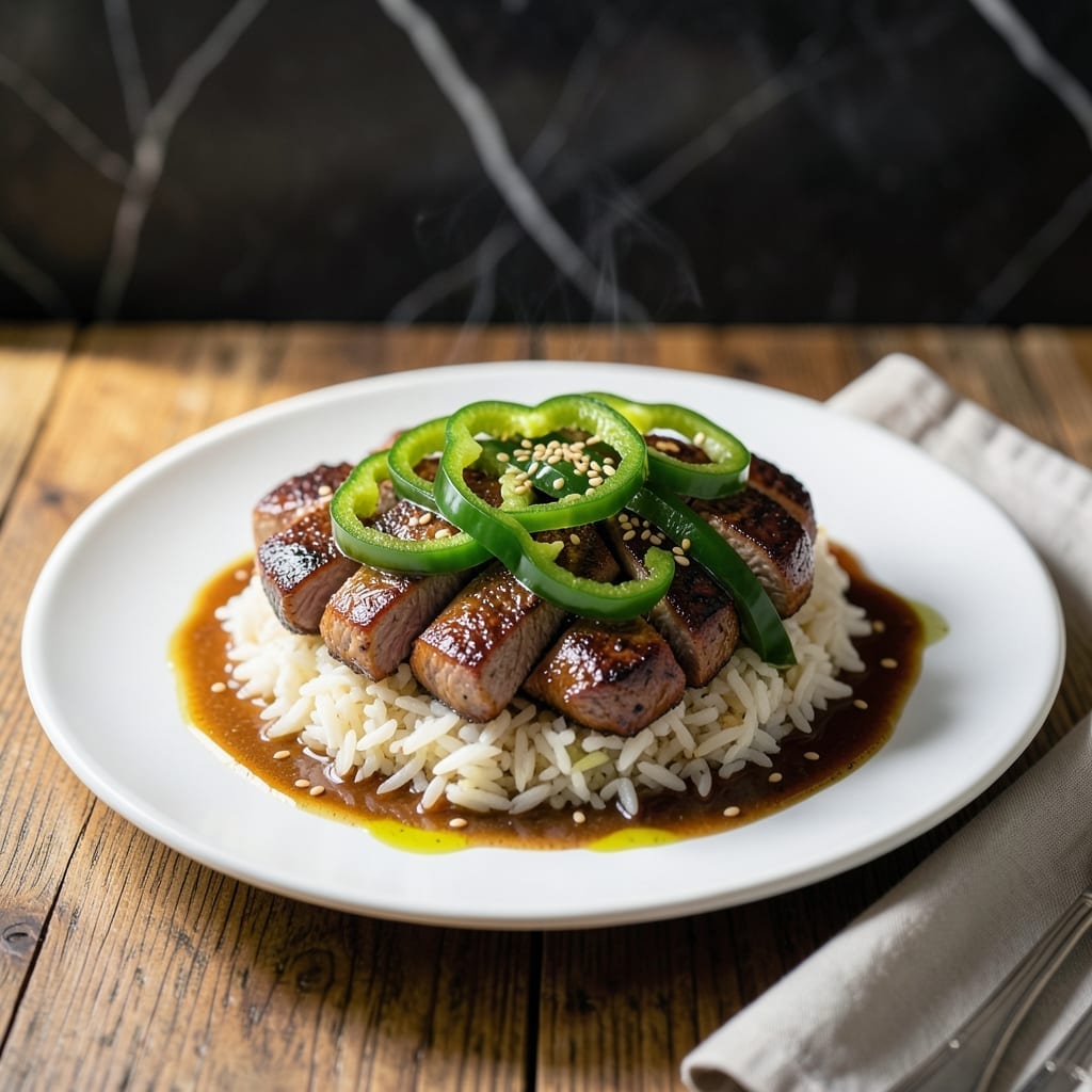 Green Pepper Steak and Rice Recipe: Wok-Seared Strip Steak With Savory Soy Glaze