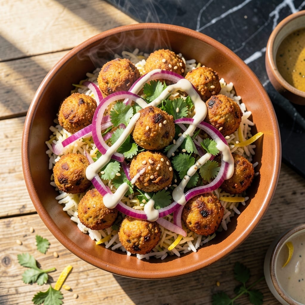 Falafel Rice Bowl Recipe: Crispy Chickpeas Over Spiced Basmati Falafel Rice Bowl Recipe: Crispy Chickpeas Over Spiced Basmati