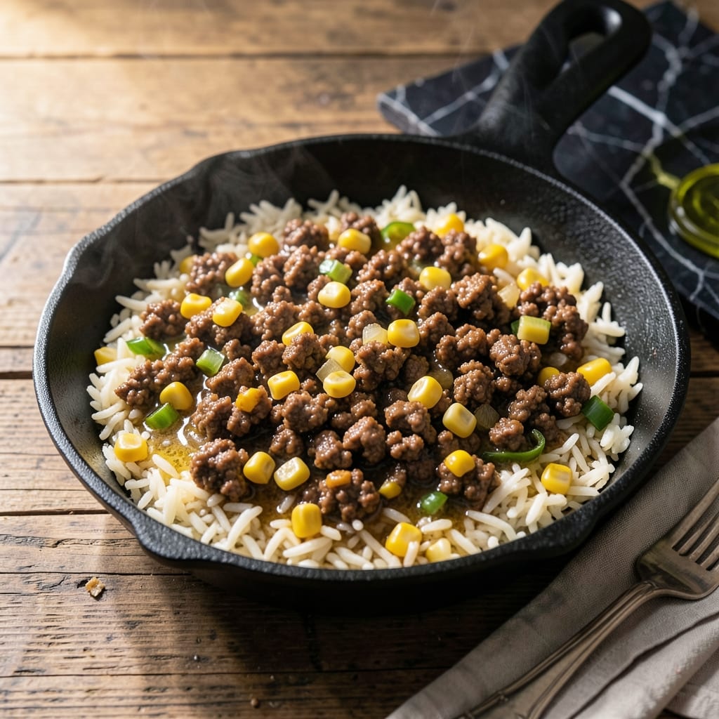 Ground Beef Rice and Corn Recipe: Hearty Skillet Meal with Sweet Kernels Ground Beef Rice and Corn Recipe: Hearty Skillet Meal with Sweet Kernels