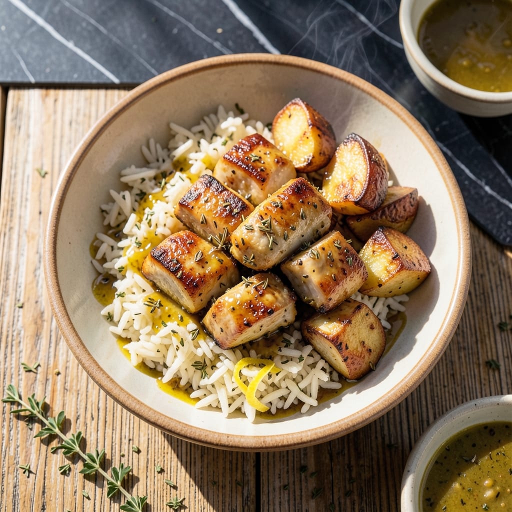 Chicken Souvlaki With Rice and Potatoes Recipe: Mediterranean Grilled Feast
