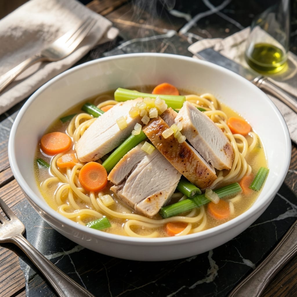 Classic Chicken Noodle Recipe: Homestyle Broth With Egg Ribbons Classic Chicken Noodle Recipe: Homestyle Broth With Egg Ribbons