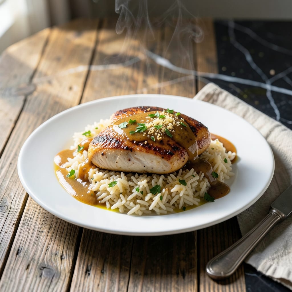 Garlic Butter Chicken With Parmesan Rice Recipe: Rich Sauce Over Cheesy Grains