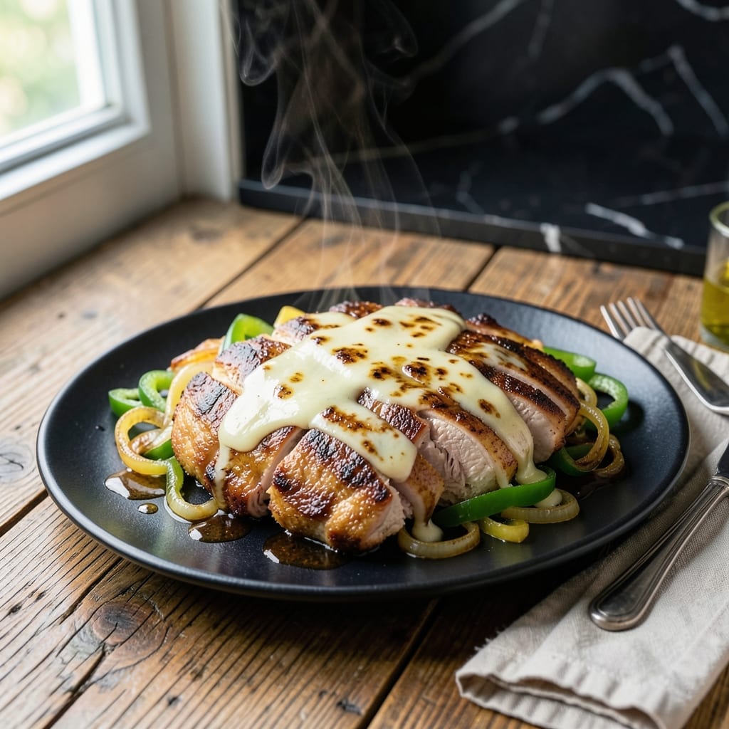 Chicken Philly Steak Recipe: Melted Cheese and Peppers in a Skillet