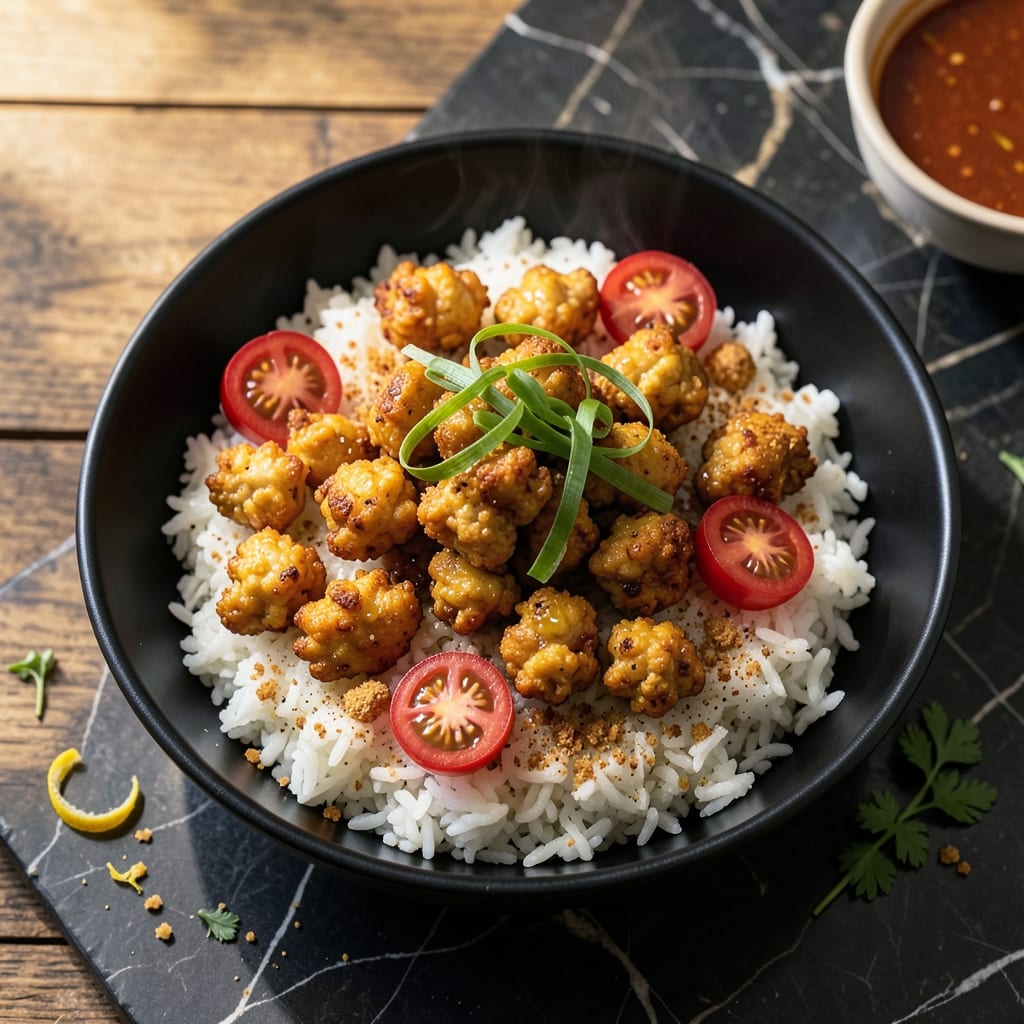 Chicken Popcorn Rice Bowl Recipe: Crunchy Bites Over Fluffy Grains