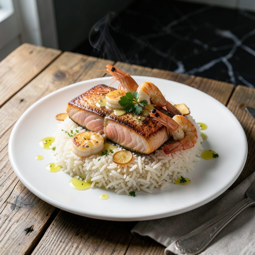 Garlic Shrimp and Salmon Over Rice Recipe: Seared Seafood on Buttery Grains