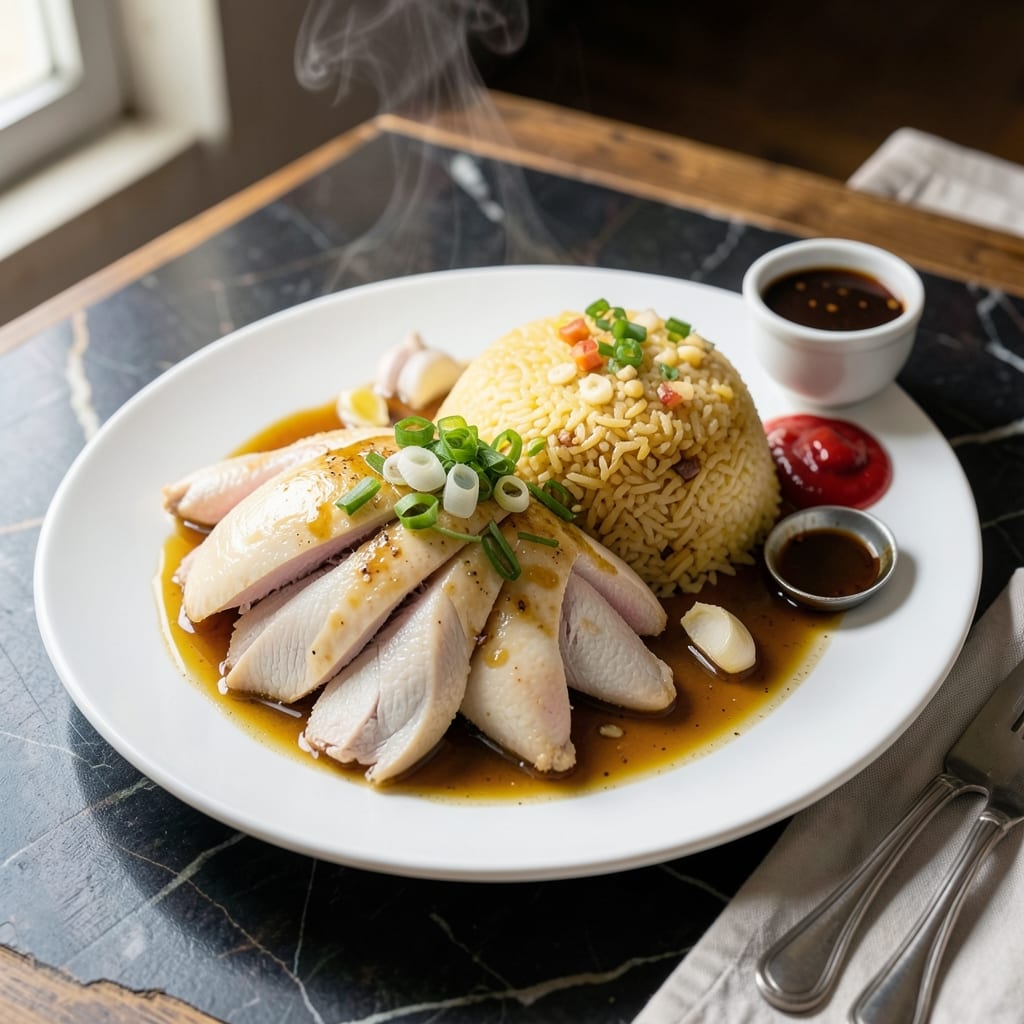 Hainanese Chicken Rice Recipe Tasty: Fragrant Poached Chicken With Ginger and Scallion Infused Rice