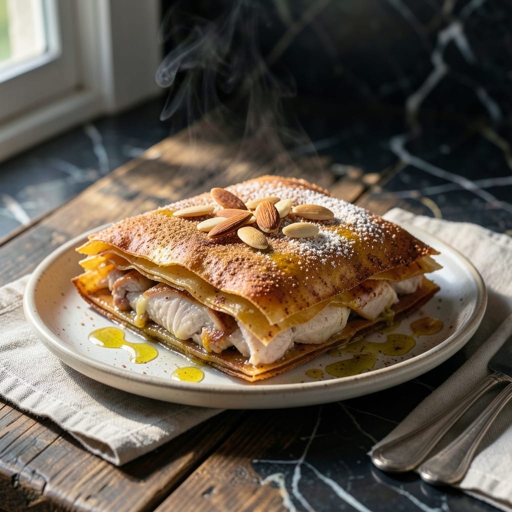Chicken Pastilla Recipe: Flaky Pastry With Sweet and Savory Filling Chicken Pastilla Recipe: Flaky Pastry With Sweet and Savory Filling