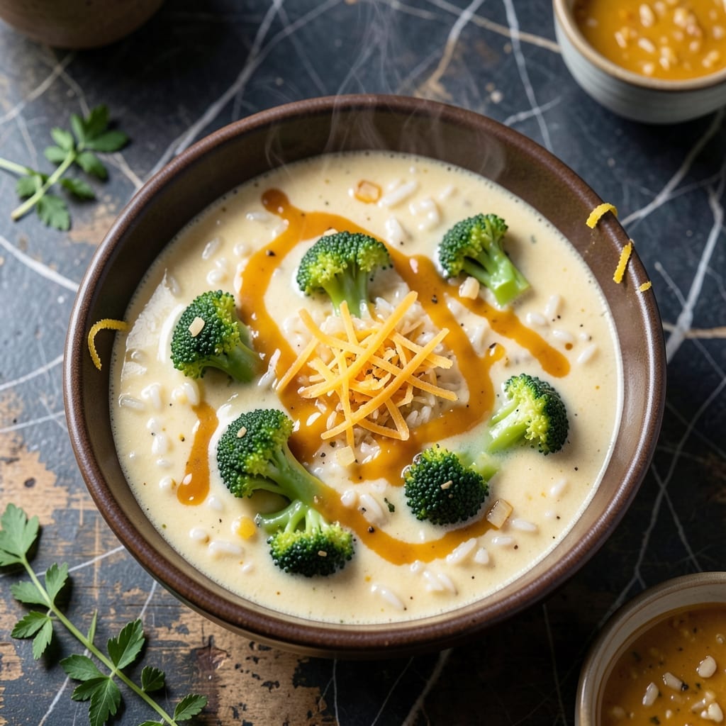 Broccoli Cheese and Rice Soup Recipe: Velvety Broth With Melted Cheddar Swirls Broccoli Cheese and Rice Soup Recipe: Velvety Broth With Melted Cheddar Swirls