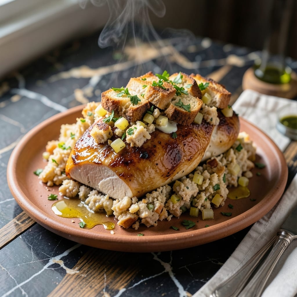 Baked Chicken and Stuffing Recipe: Golden Crust With Herb-Infused Bread Cubes Baked Chicken and Stuffing Recipe: Golden Crust With Herb-Infused Bread Cubes