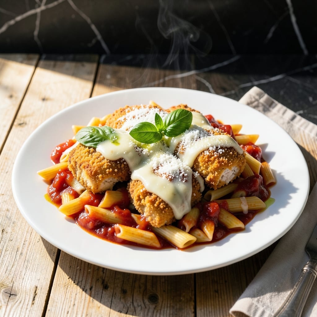 Chicken Parm Pasta Recipe: Melty Mozzarella Over Al Dente Noodles Chicken Parm Pasta Recipe: Melty Mozzarella Over Al Dente Noodles