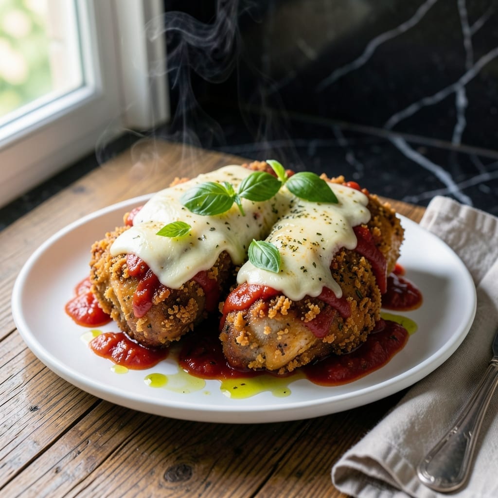 Fried Chicken Parmigiana Recipe: Crispy Cutlets With Marinara and Melted Mozzarella Fried Chicken Parmigiana Recipe: Crispy Cutlets With Marinara and Melted Mozzarella