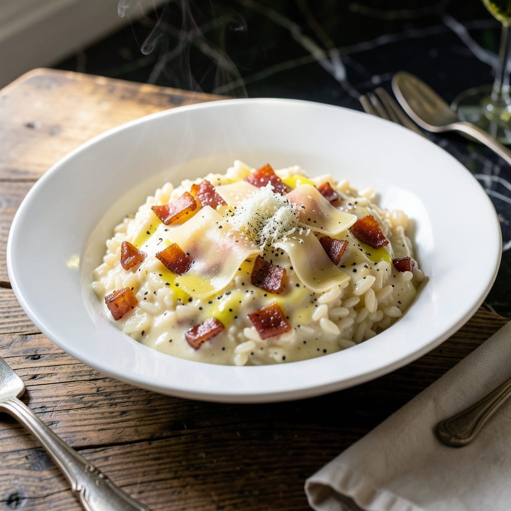 Carbonara Rice Recipe: Creamy Egg Yolk Sauce With Crispy Pancetta Carbonara Rice Recipe: Creamy Egg Yolk Sauce With Crispy Pancetta
