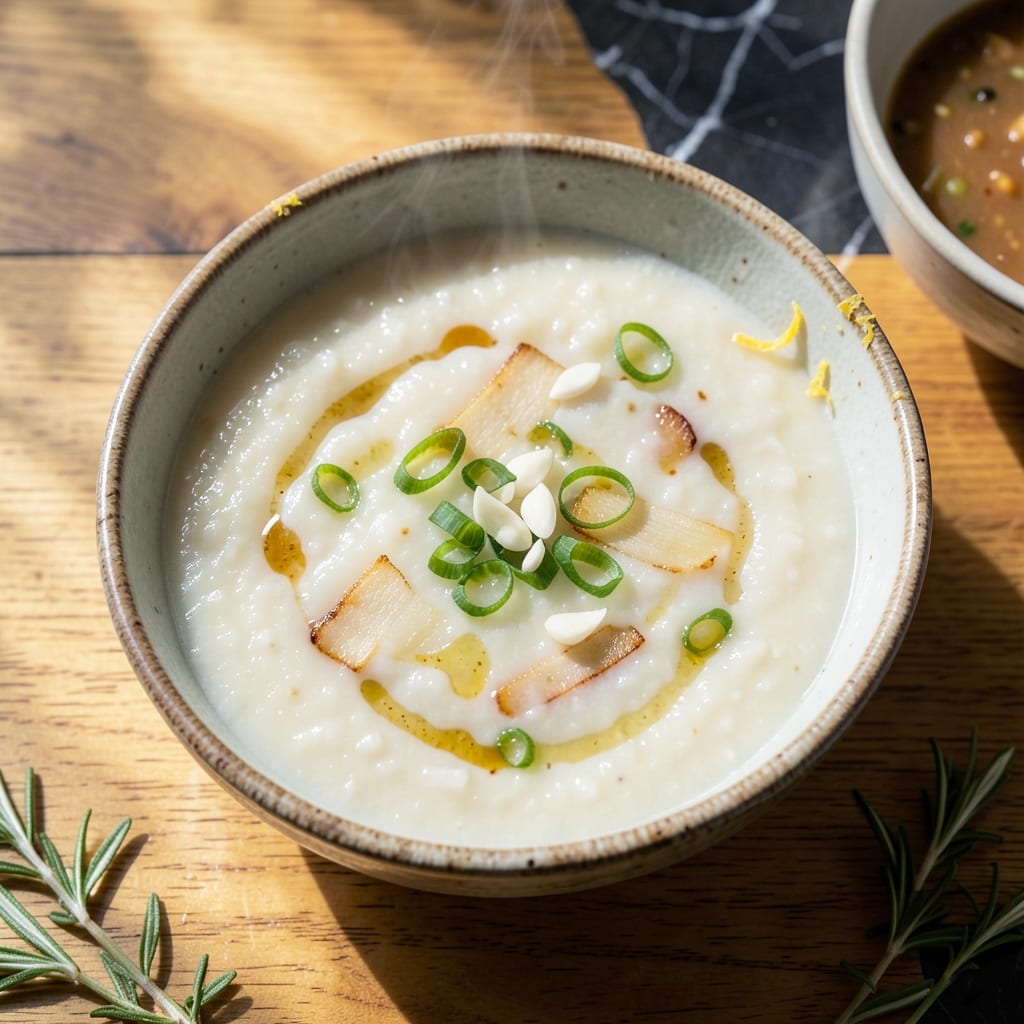Rice Porridge Recipe: Silky Texture with Ginger and Scallion Garnish Rice Porridge Recipe: Silky Texture with Ginger and Scallion Garnish