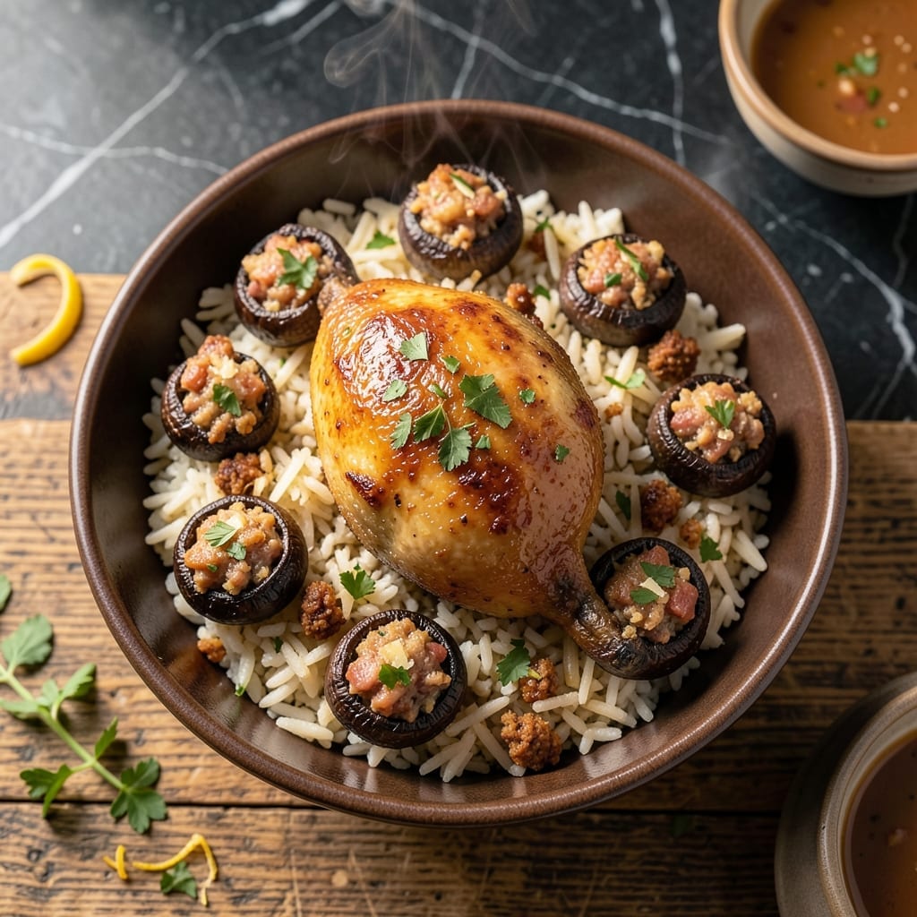 Fried Quail Stuffed Mushroom Rice Recipe: Game Bird Elegance With Earthy Depth