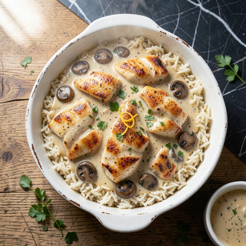 Cream of Mushroom Chicken and Rice Casserole Recipe: Baked Creamy Comfort with Tender Bites