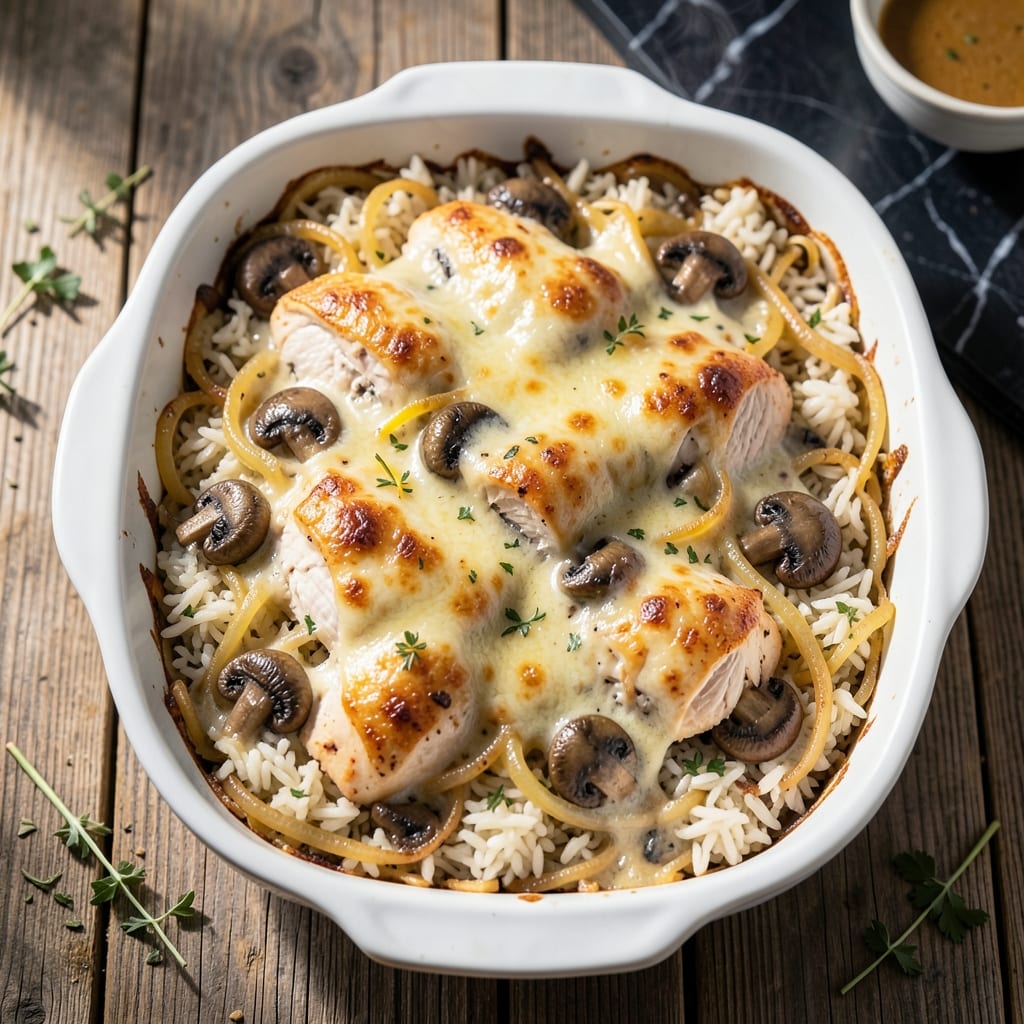 Mushroom Gruyere Chicken and Rice Casserole Recipe: Baked Creamy Indulgence With Golden Topping