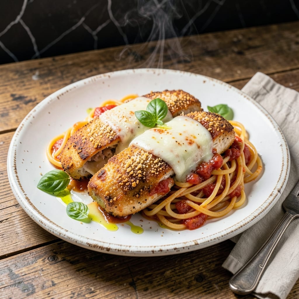 Chicken Parmigiana And Spaghetti Recipe: Melty Cheese Over Al Dente Noodles Chicken Parmigiana And Spaghetti Recipe: Melty Cheese Over Al Dente Noodles