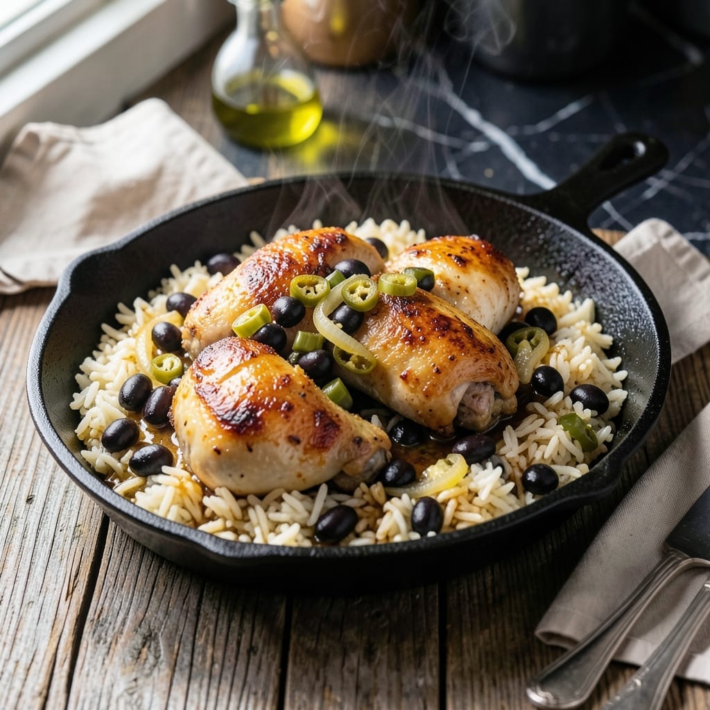 Skillet Chicken With Black Beans, Rice and Chiles Recipe: Smoky One-Pan Fiesta Skillet Chicken With Black Beans, Rice and Chiles Recipe: Smoky One-Pan Fiesta