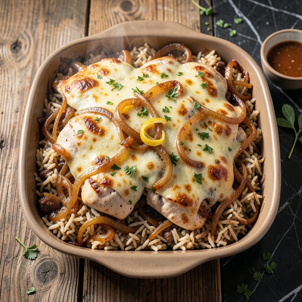 French Onion Chicken Rice Casserole Recipe: Cheesy Baked Comfort with Caramelized Depth