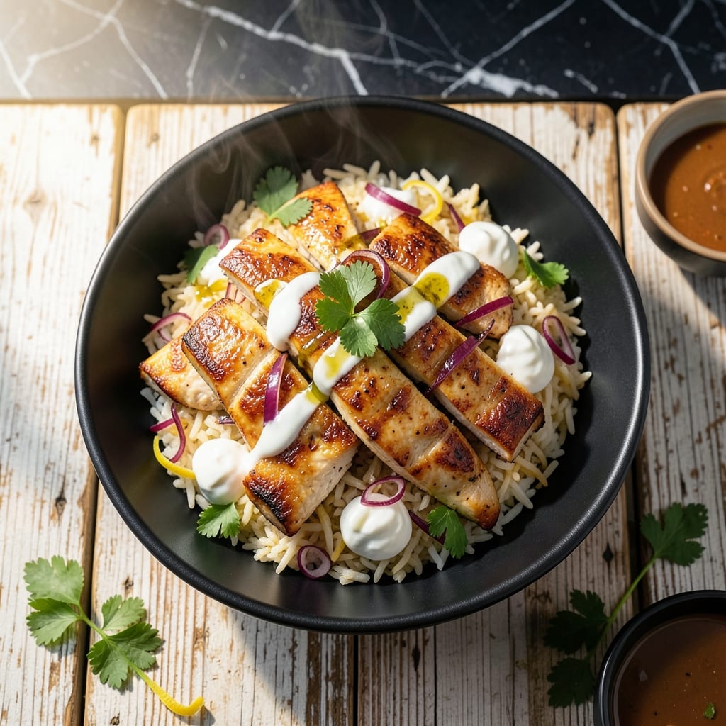Chicken Shawarma Over Rice Recipe: Spiced Chicken and Fragrant Basmati Bowl