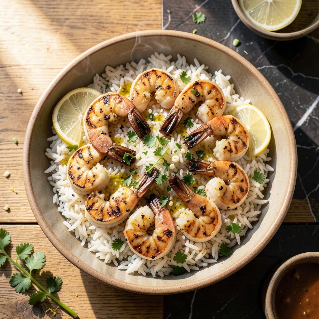 Grilled Shrimp With Rice Recipe: Char-Grilled Sweetness Over Fluffy Grains