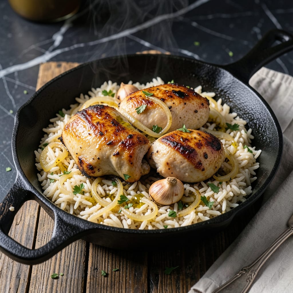 Cast Iron Chicken and Rice Recipe: Crispy Skin Over Fluffy Grains