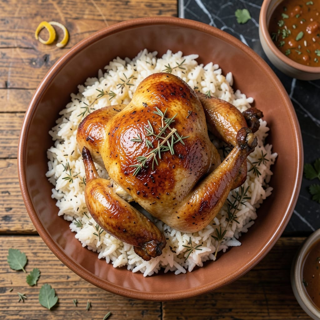 Baked Whole Chicken and Rice Recipe: One-Pan Golden Crispness