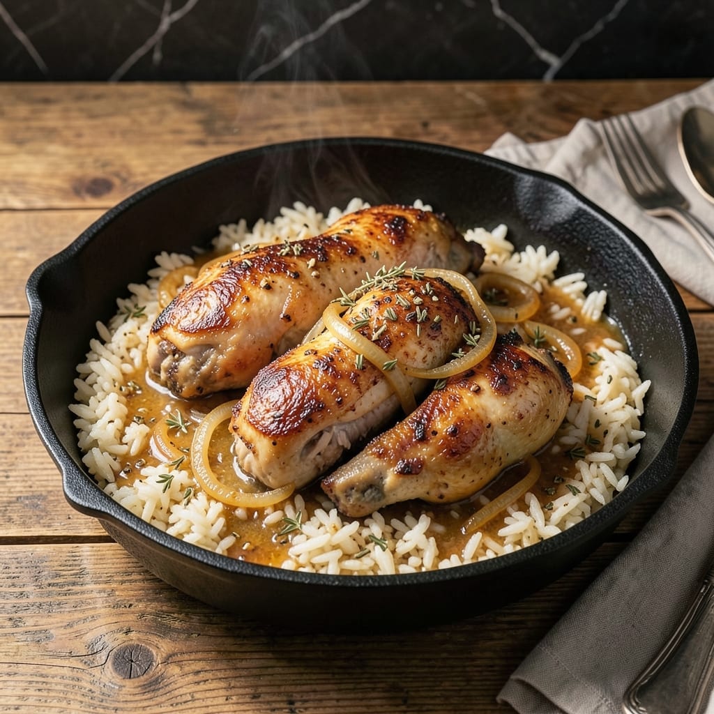 Baked Smothered Chicken And Rice Recipe: One-Pan Golden Crust Comfort