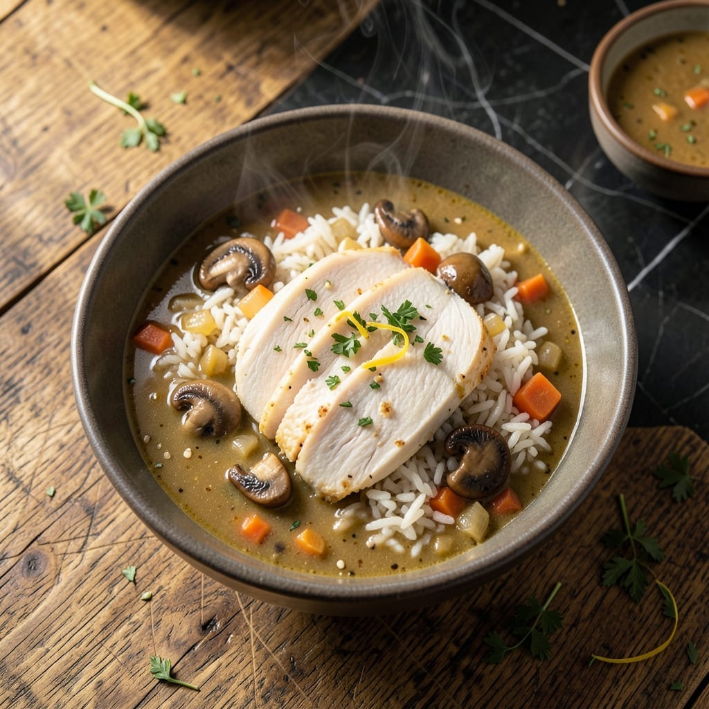 Chicken Breast Mushroom Soup and Rice Recipe: Velvety Broth With Hearty Grains Chicken Breast Mushroom Soup and Rice Recipe: Velvety Broth With Hearty Grains