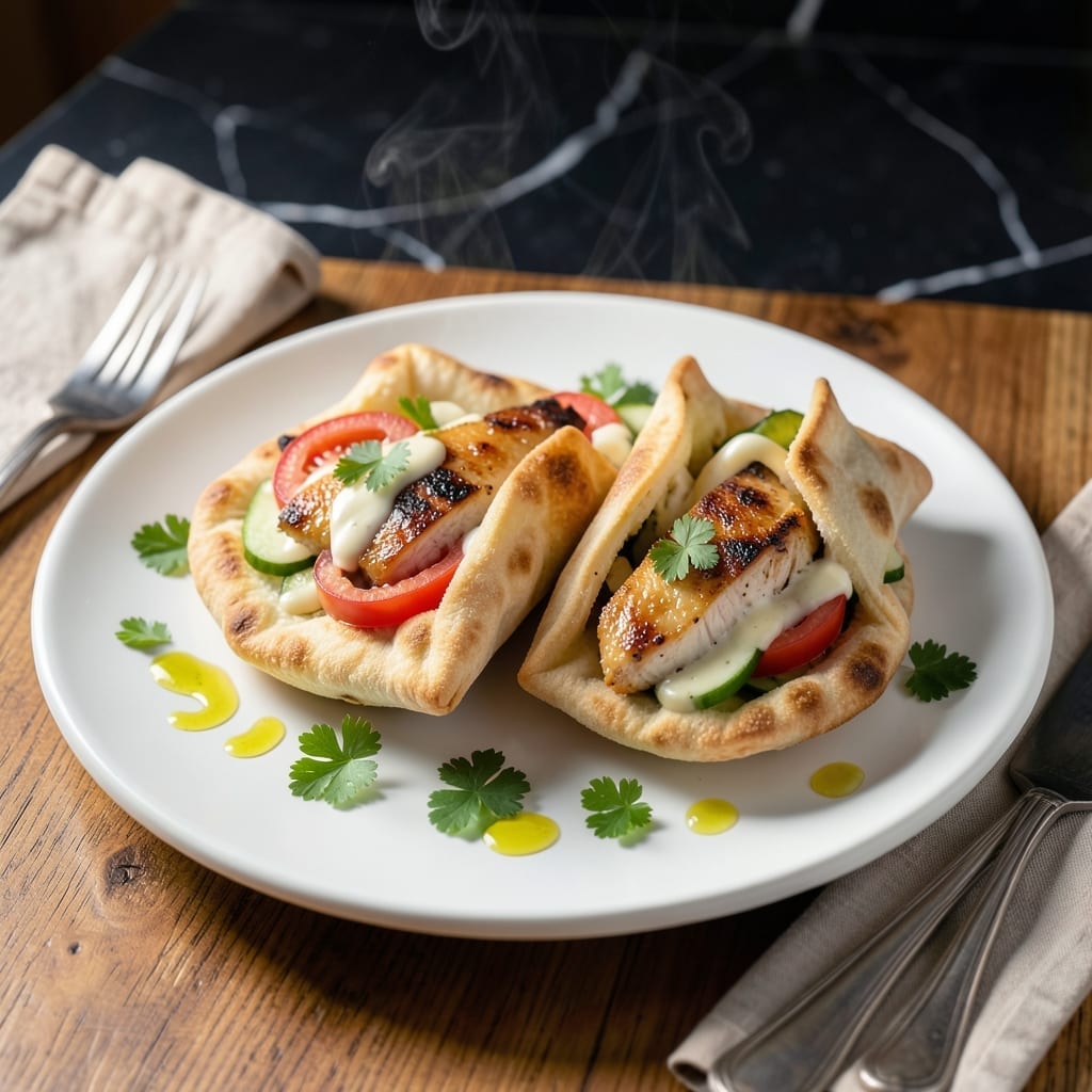 Chicken in Pita Pockets Recipe: Stuffed With Garlic Yogurt and Crisp Veggies Chicken in Pita Pockets Recipe: Stuffed With Garlic Yogurt and Crisp Veggies