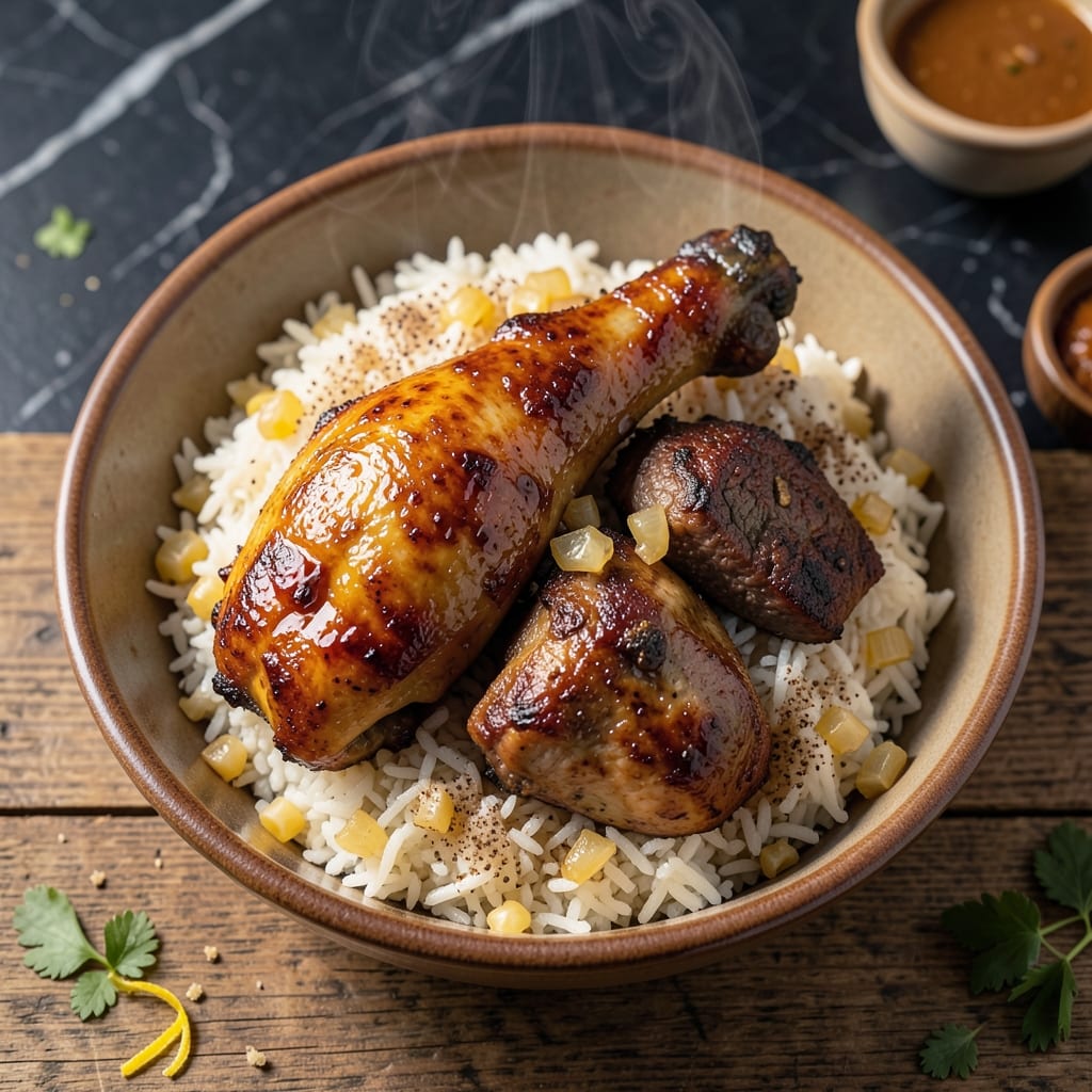 Halal Chicken and Lamb Over Rice Recipe: Middle Eastern Spice-Infused One-Plate Meal
