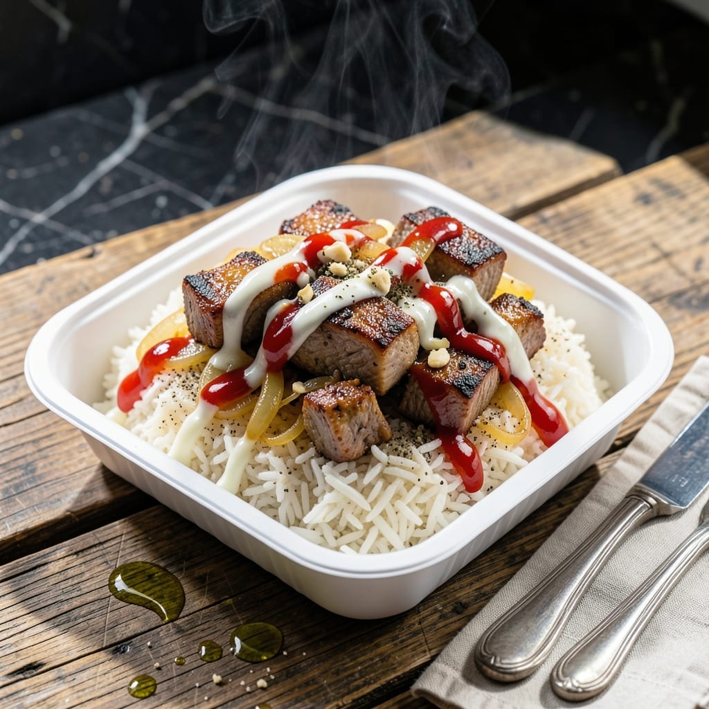Halal Cart Lamb Over Rice Recipe: Spiced Meat With Yellow Sauce