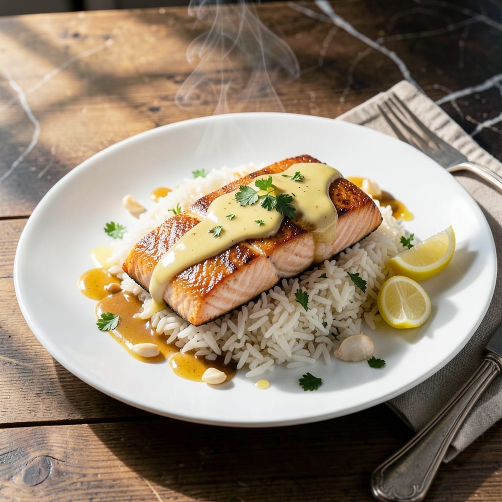 Salmon and Rice Recipe With Sauce: Garlic-Butter Glaze and Fluffy Grains