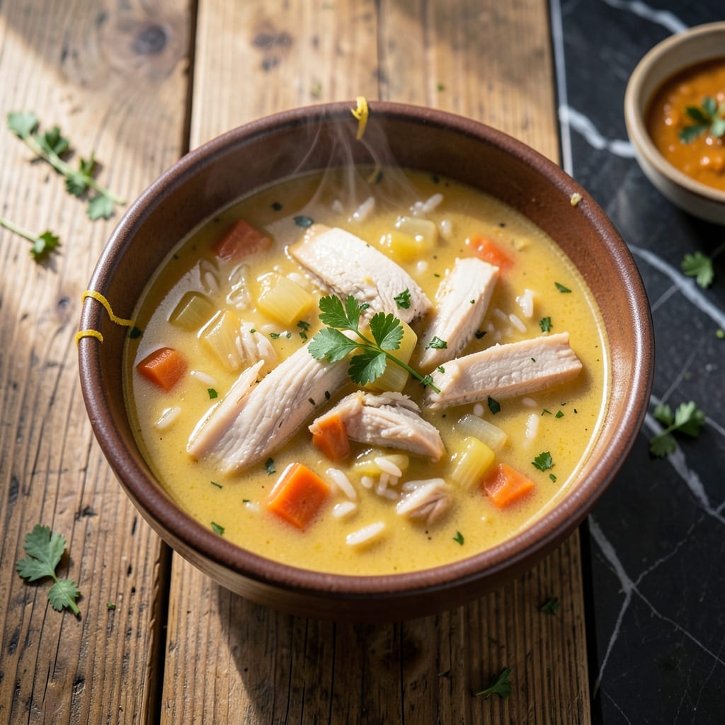 Cheesy Chicken and Rice Soup Recipe: Rich Broth With Melted Cheese Swirls