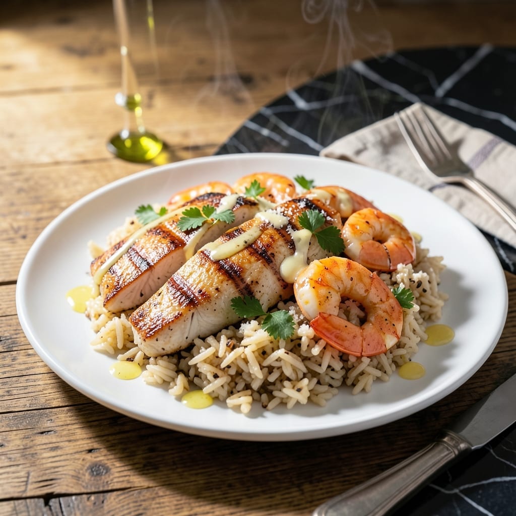 Chicken Scampi With Garlic Parmesan Rice Recipe: Buttery Shrimp and Cheesy Grain Harmony