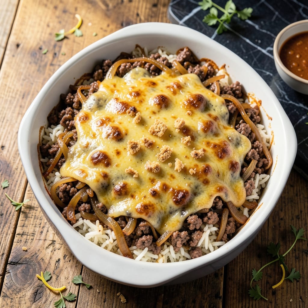 French Onion Ground Beef and Rice Casserole Recipe: Melty Cheese Topped Comfort French Onion Ground Beef and Rice Casserole Recipe: Melty Cheese Topped Comfort