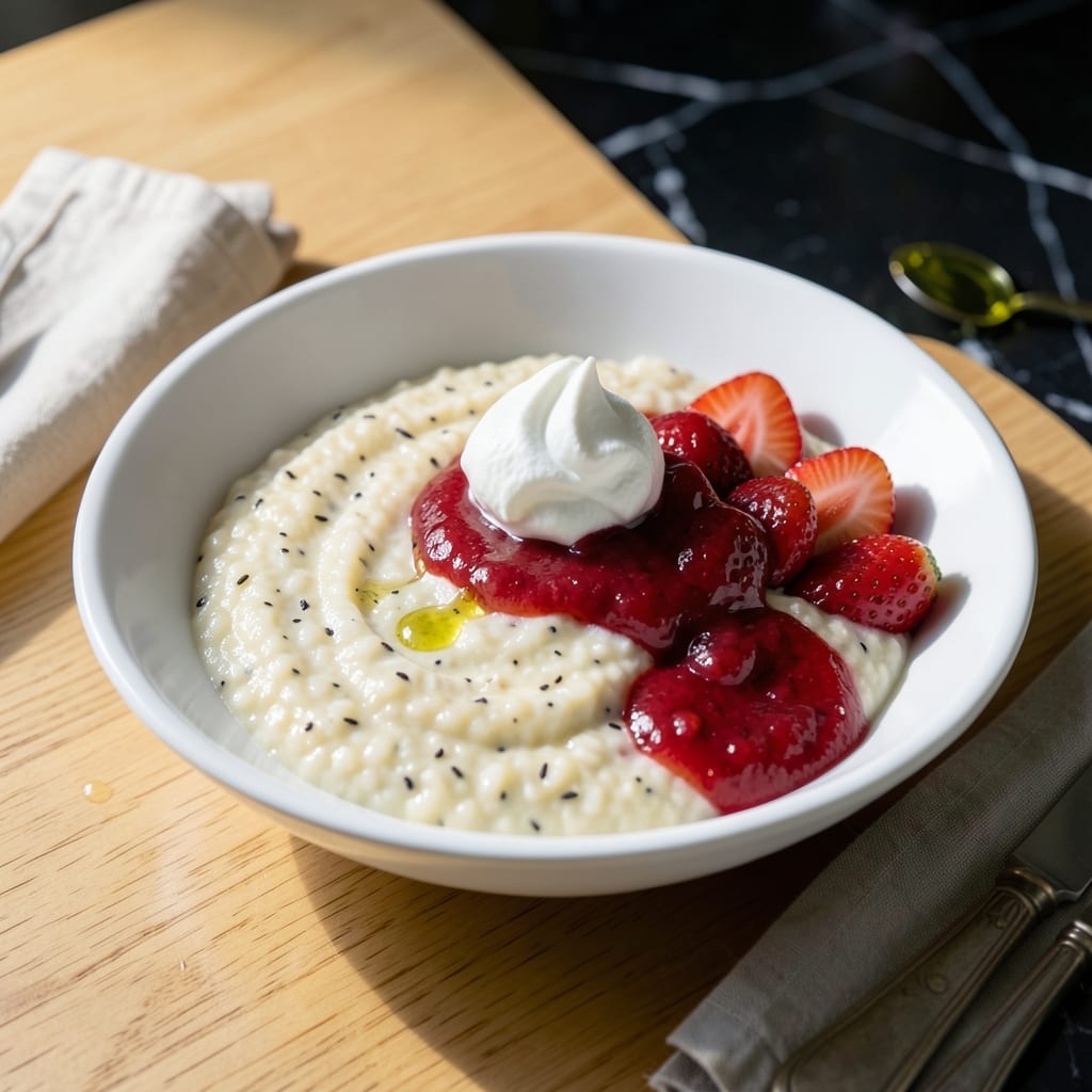 Norwegian Rice Cream With Strawberry Sauce Recipe: Silky Vanilla-Infused Dessert Norwegian Rice Cream With Strawberry Sauce Recipe: Silky Vanilla-Infused Dessert