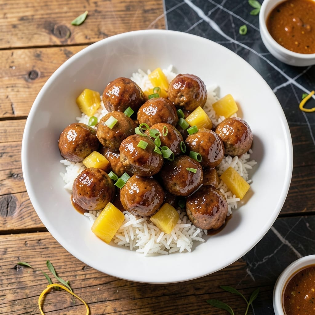 Hawaiian Meatballs and Rice Recipe: Sweet Pineapple Glaze Over Fluffy Grains Hawaiian Meatballs and Rice Recipe: Sweet Pineapple Glaze Over Fluffy Grains