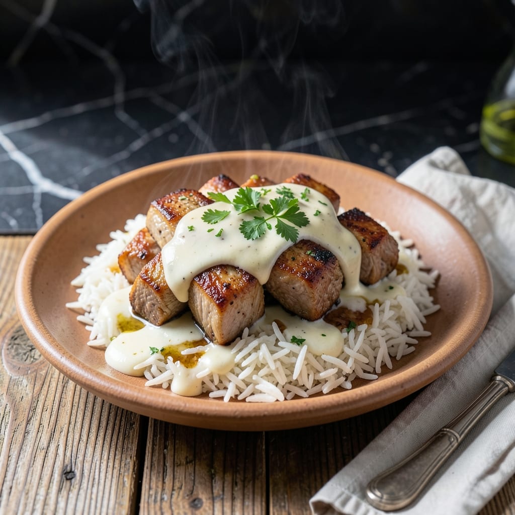 Lamb Over Rice White Sauce Recipe: Mediterranean Creaminess on a Bed of Basmati