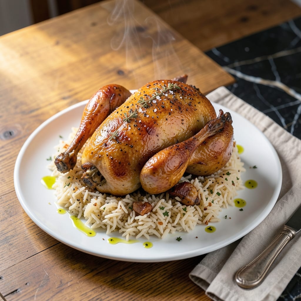 Whole Roasted Chicken and Rice Recipe: Golden Crisp Skin Over Fluffy Grains