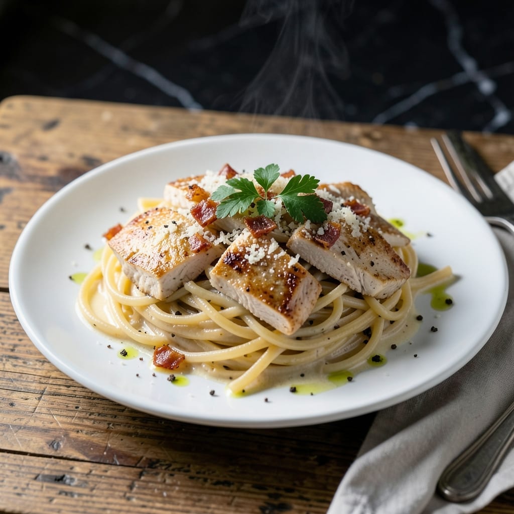 Chicken Carbonara Pasta Recipe: Silky Egg and Pancetta Sauce
