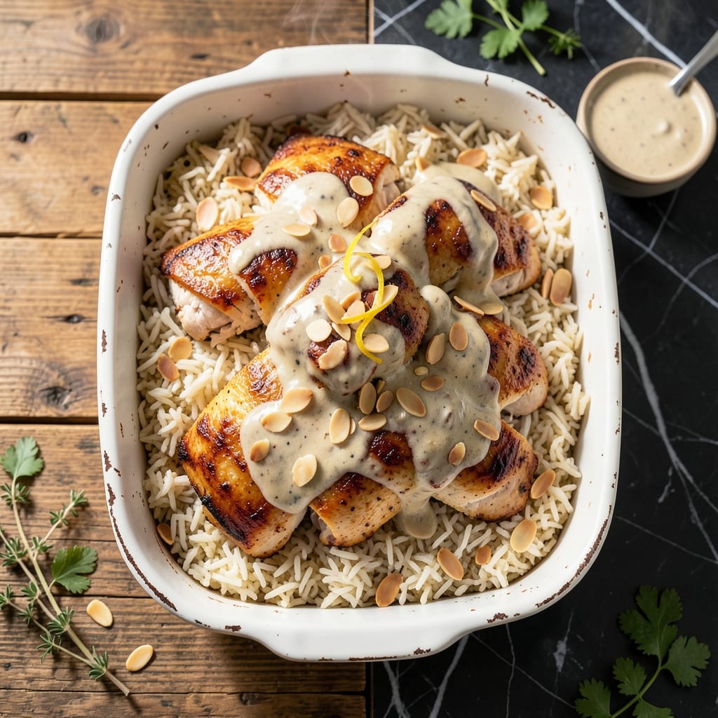 Chicken Rice Almonds Casserole Recipe: Nutty Crunch Over Fluffy Grains