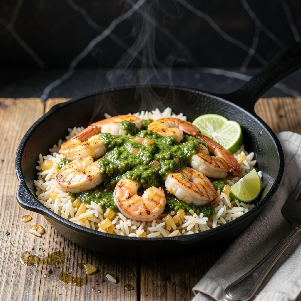 One Pan Salsa Verde Shrimp and Rice Recipe: Zesty Lime-Infused Feast