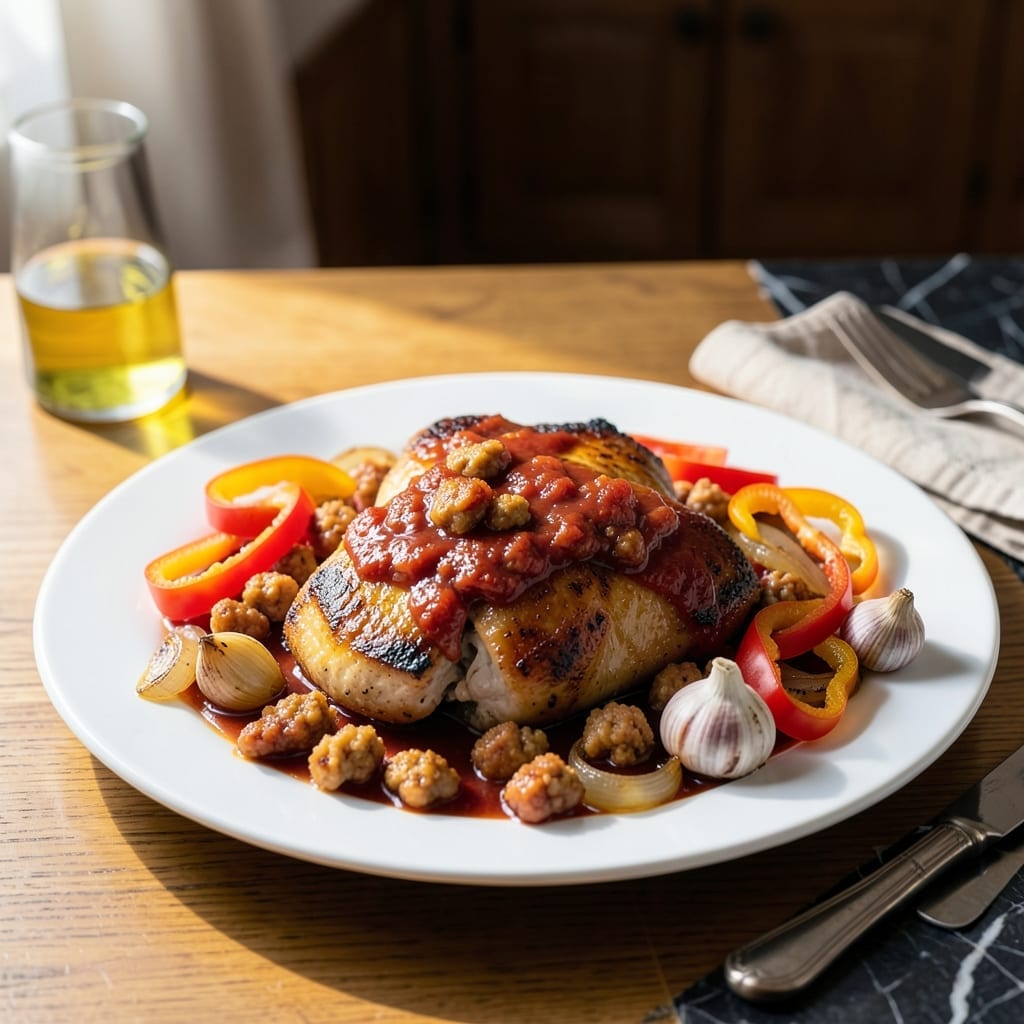 Chicken Calabrese Recipe: Spicy Italian Sausage and Pepper Skillet Chicken Calabrese Recipe: Spicy Italian Sausage and Pepper Skillet