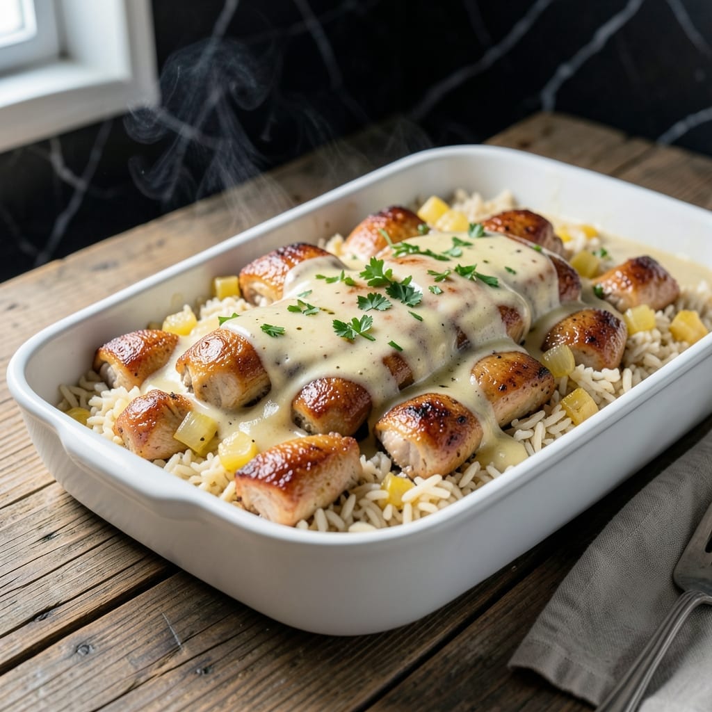 Creamy Smothered Chicken and Rice Bake Chole's Recipe: Velvet Sauce Over Fluffy Grains
