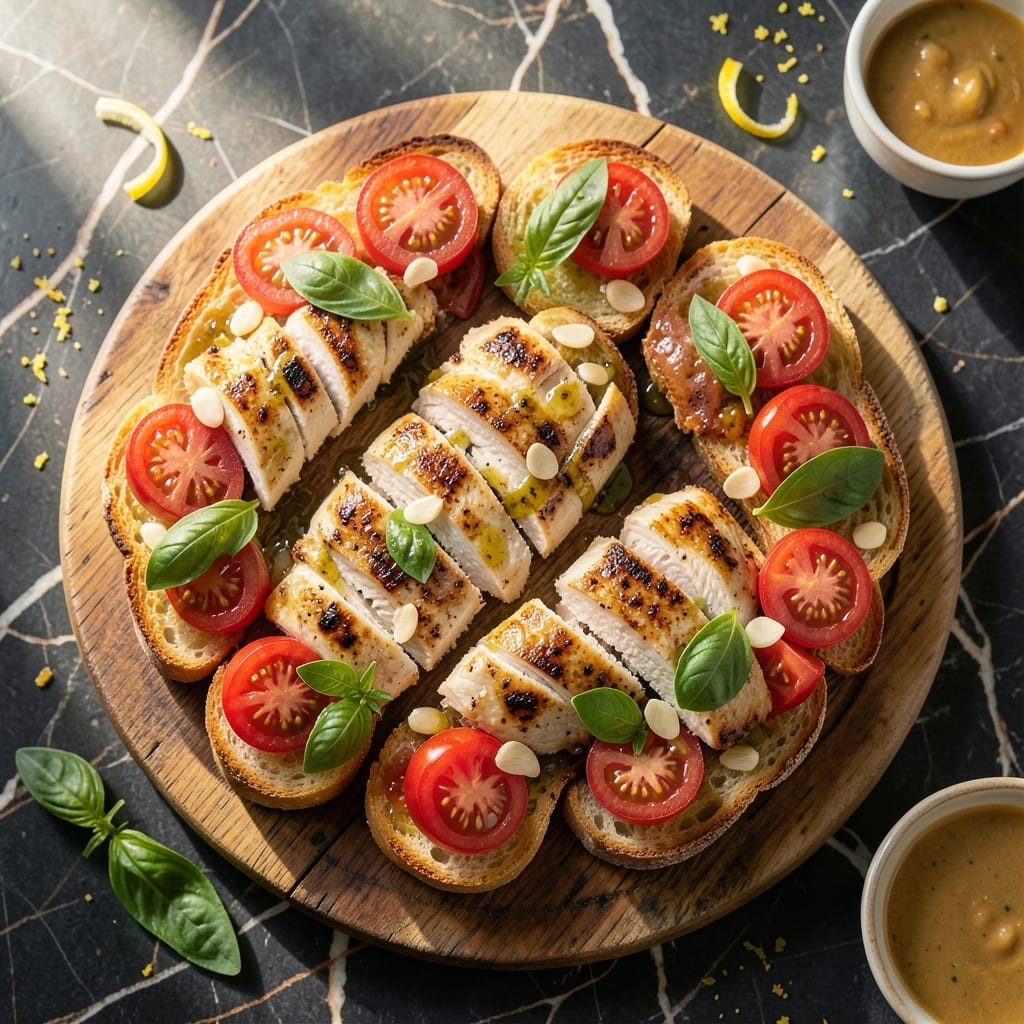 Chicken Tomato Bruschetta Recipe: Fresh Basil and Garlic Topped Crust Chicken Tomato Bruschetta Recipe: Fresh Basil and Garlic Topped Crust