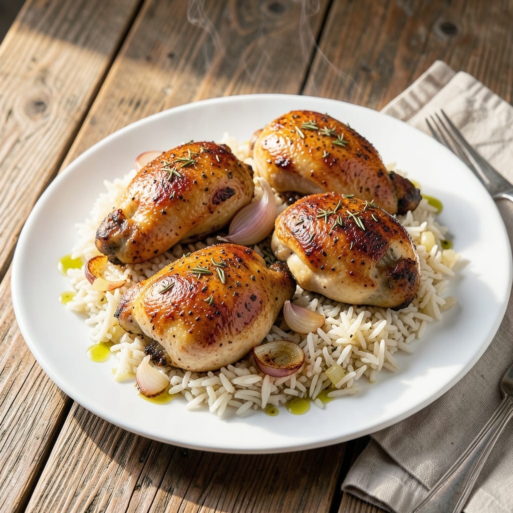 Baked Chicken Quarters and Rice Recipe: One-Pan Savory Comfort